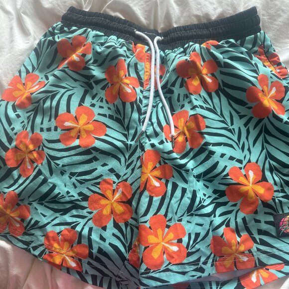 Slunks Size Large Men's Orange Daisies Teal Black background - Picture 1 of 1